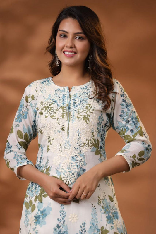 Mul Mul Chikankari White-Blue Printed Long Kurta