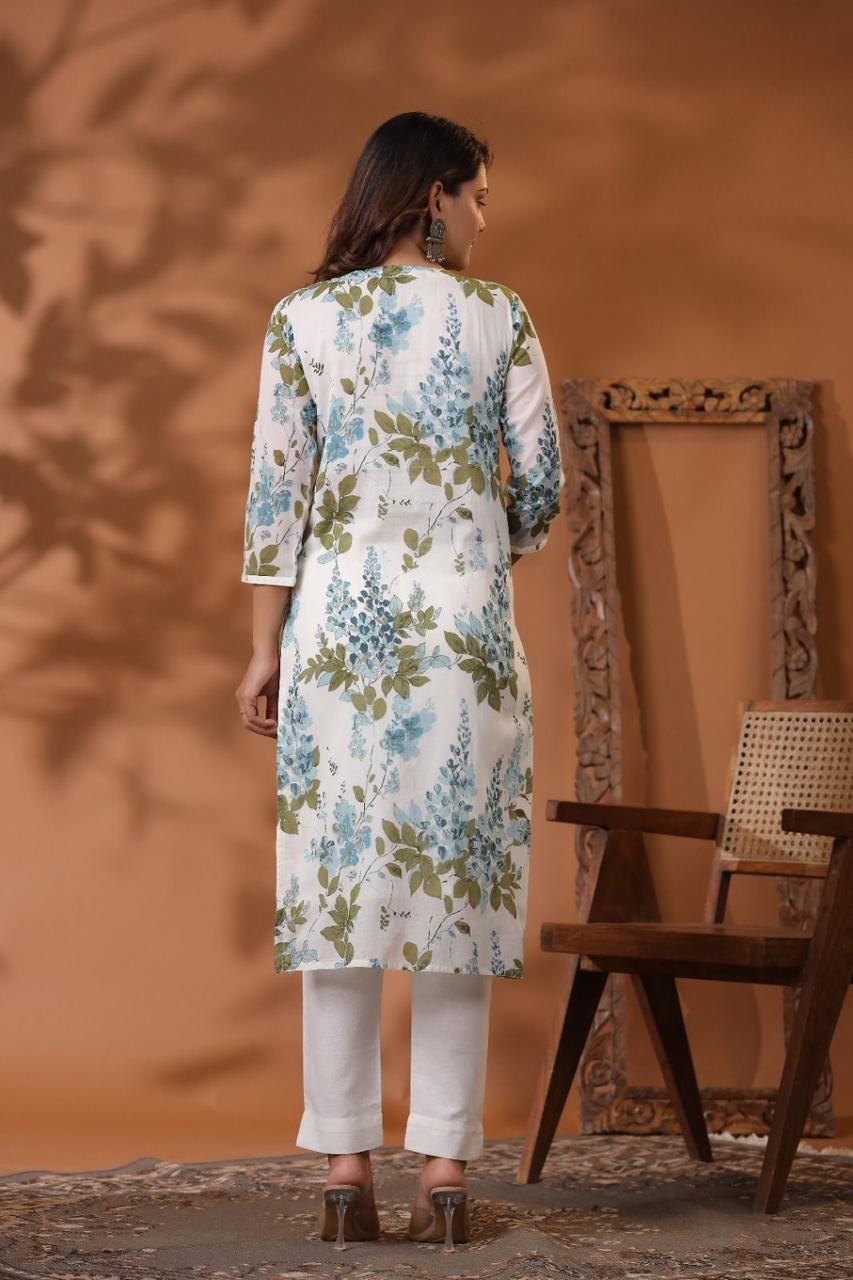 Mul Mul Chikankari White-Blue Printed Long Kurta