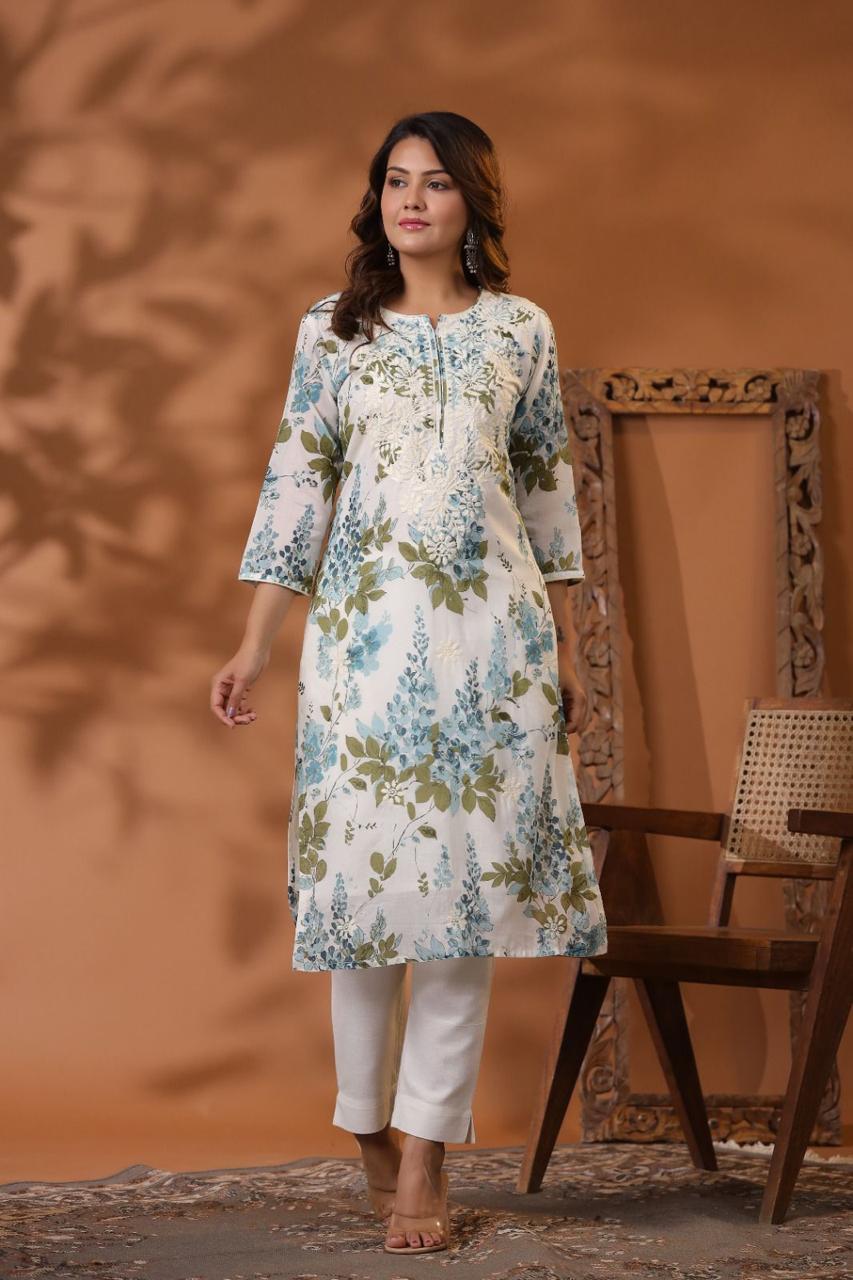 Mul Mul Chikankari White-Blue Printed Long Kurta