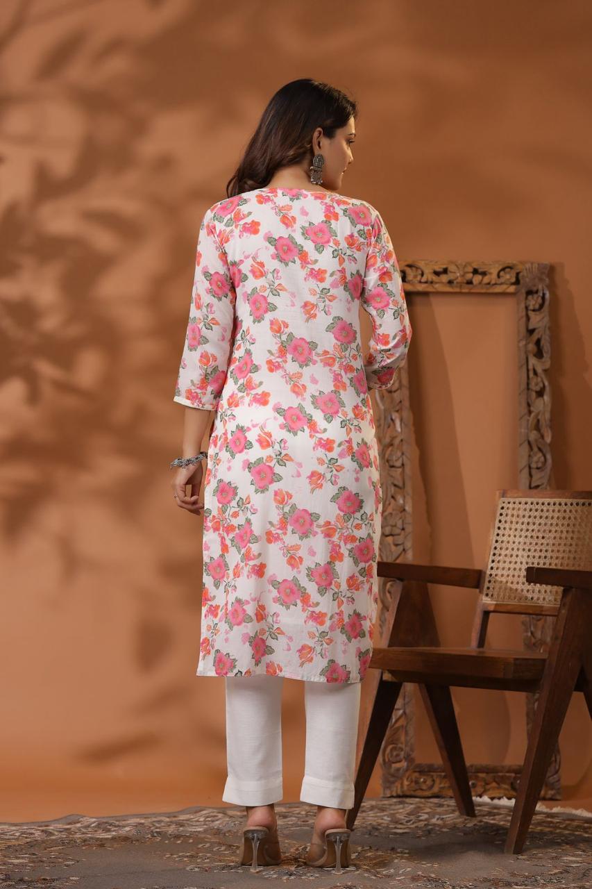 Mul mul Chikankari Printed Long Kurta