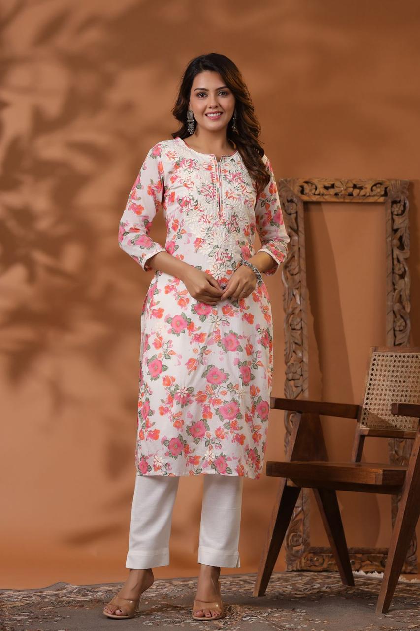 Mul mul Chikankari Printed Long Kurta