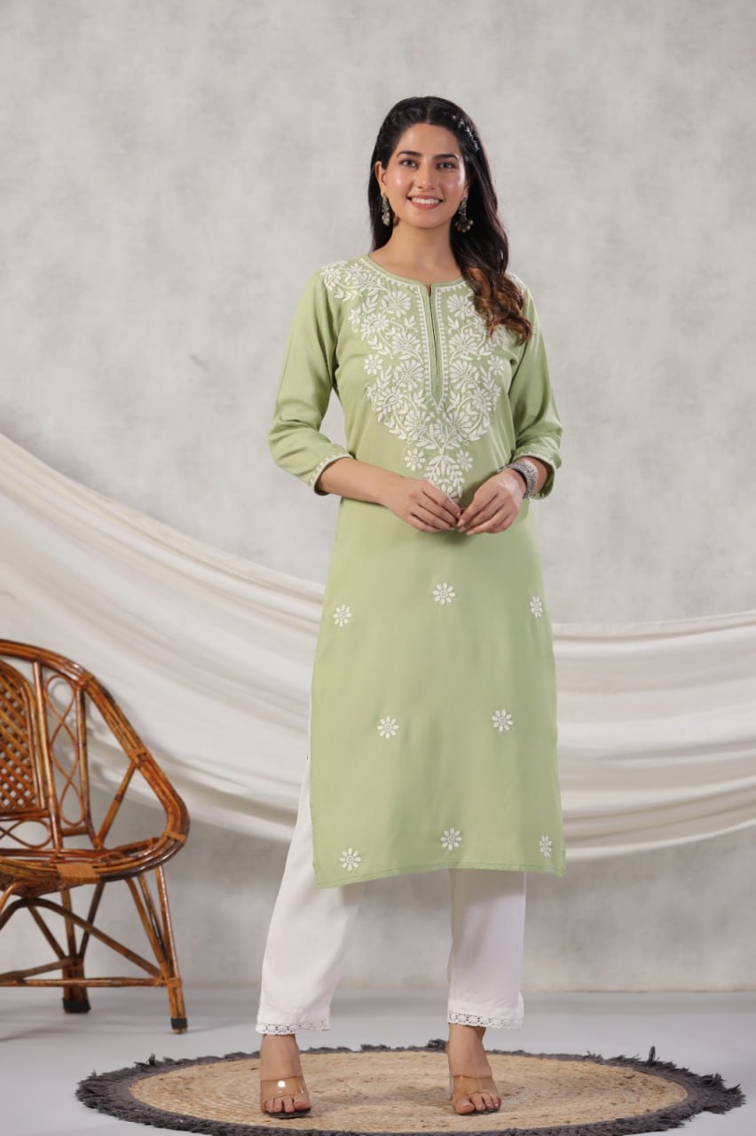 Rayon Chikankari Pista Long Kurta