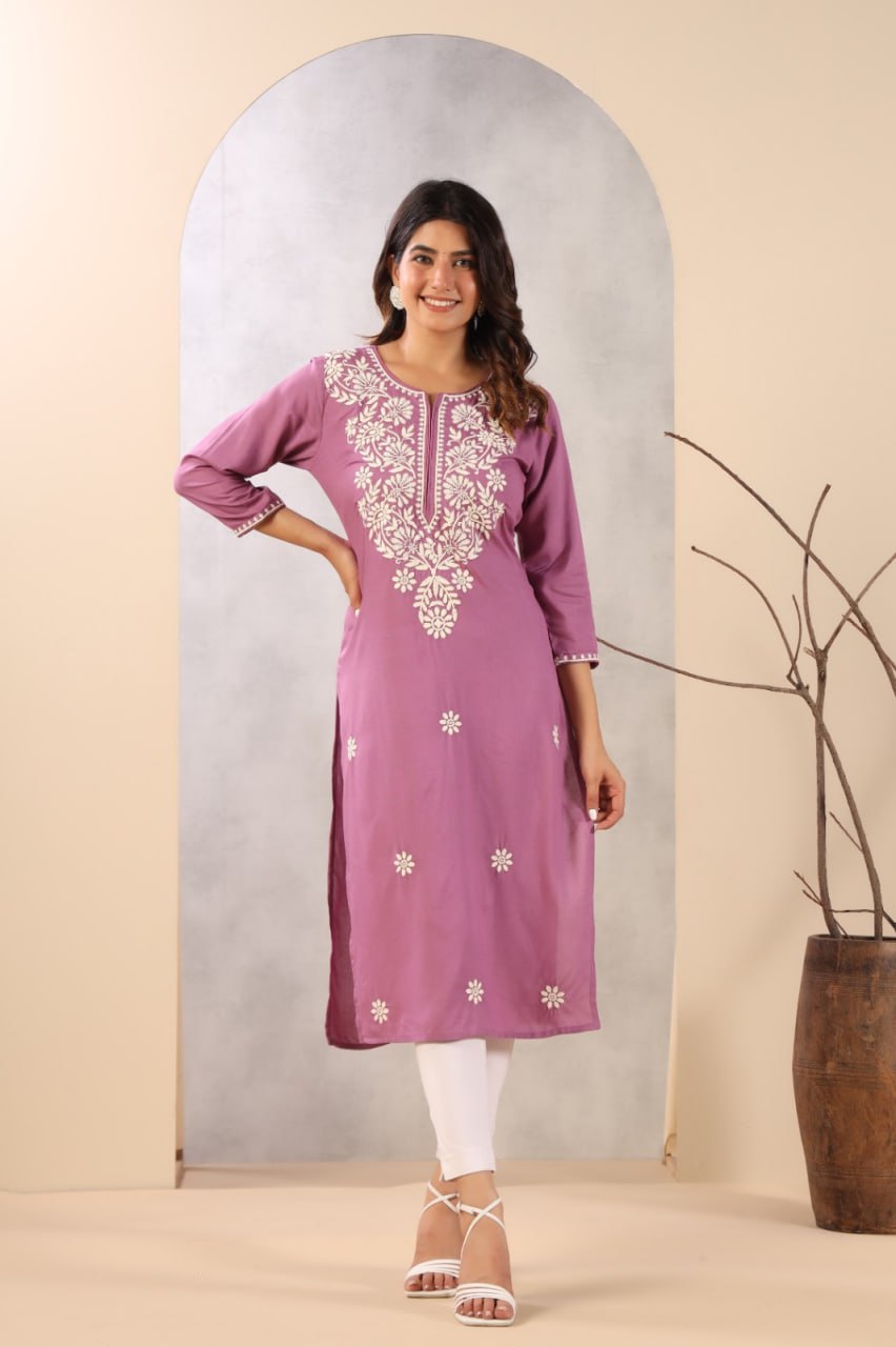 Rayon Chikankari Lavender Long Kurta