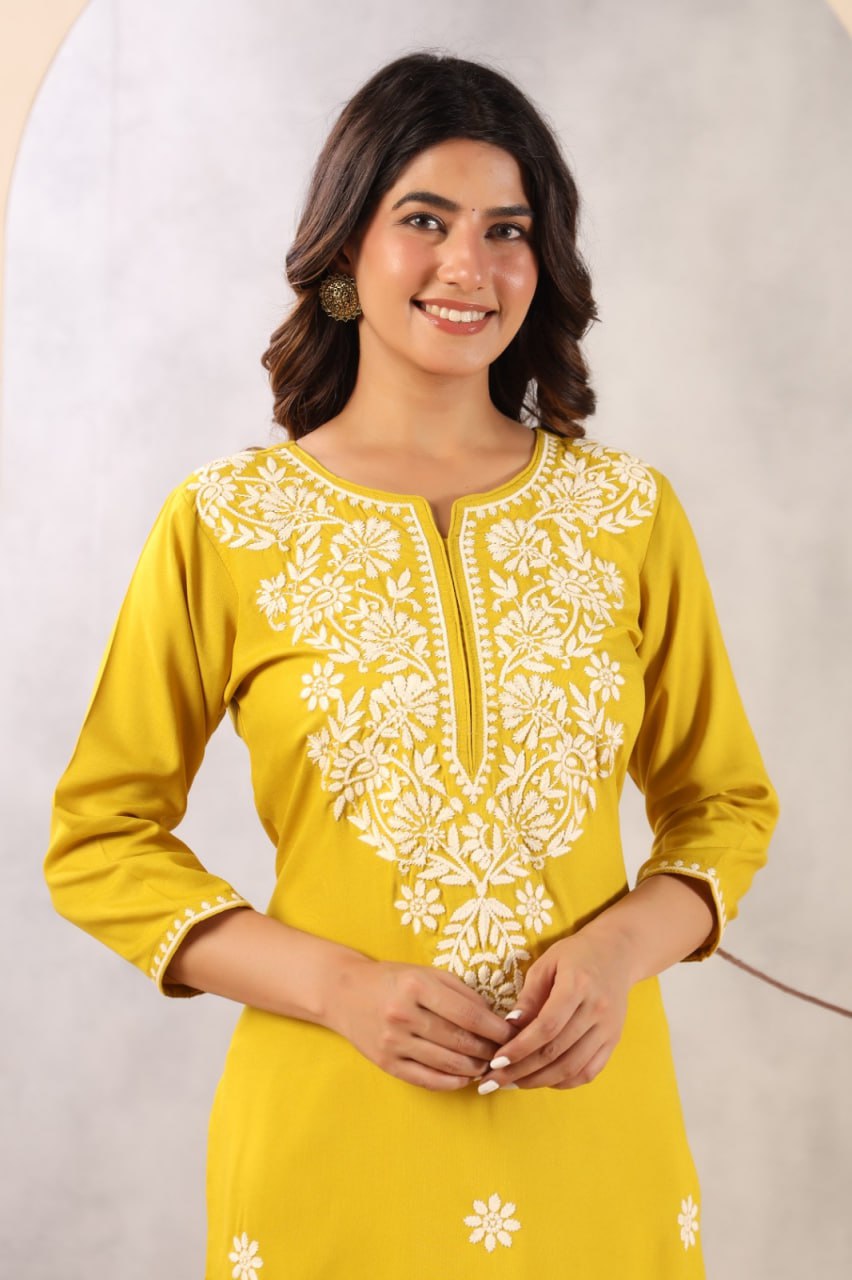 Rayon Chikankari Yellow Long Kurta