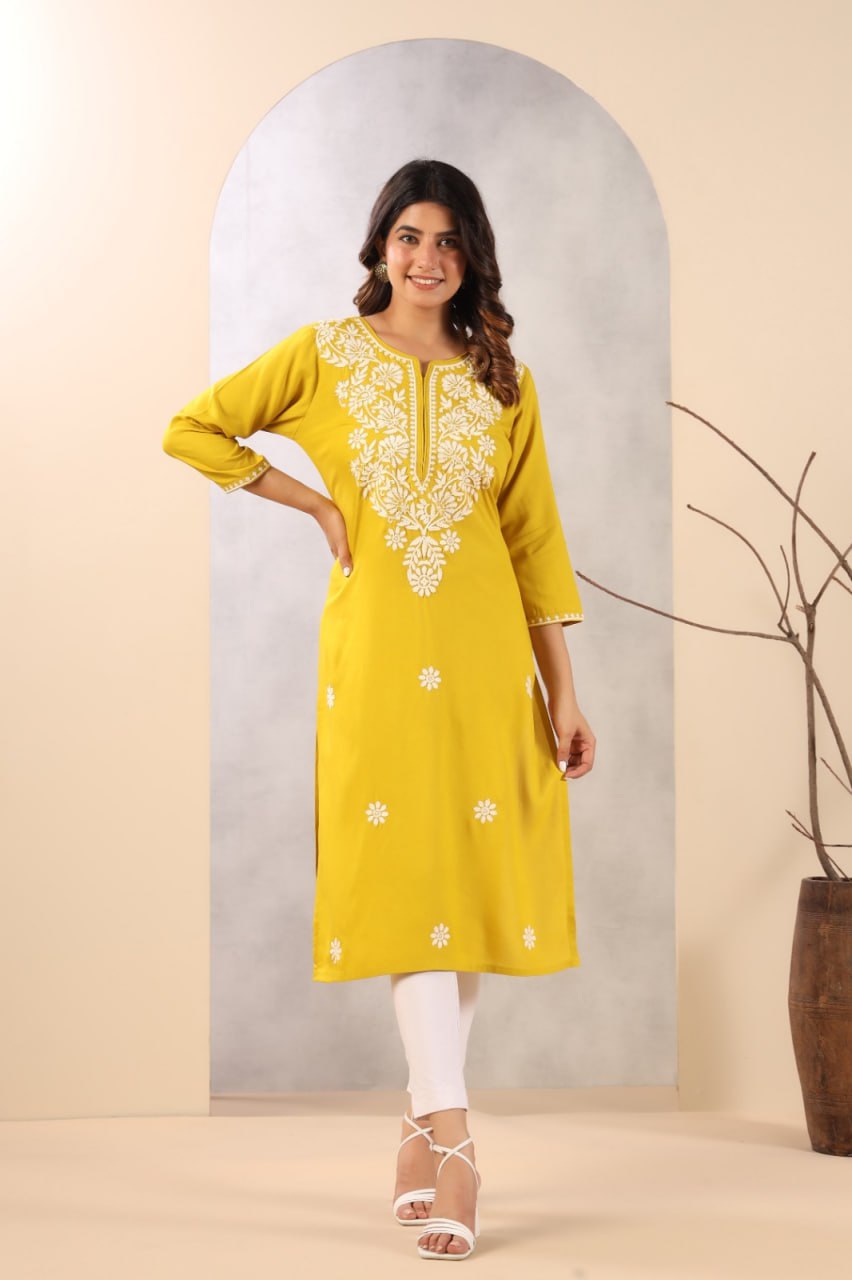 Rayon Chikankari Yellow Long Kurta