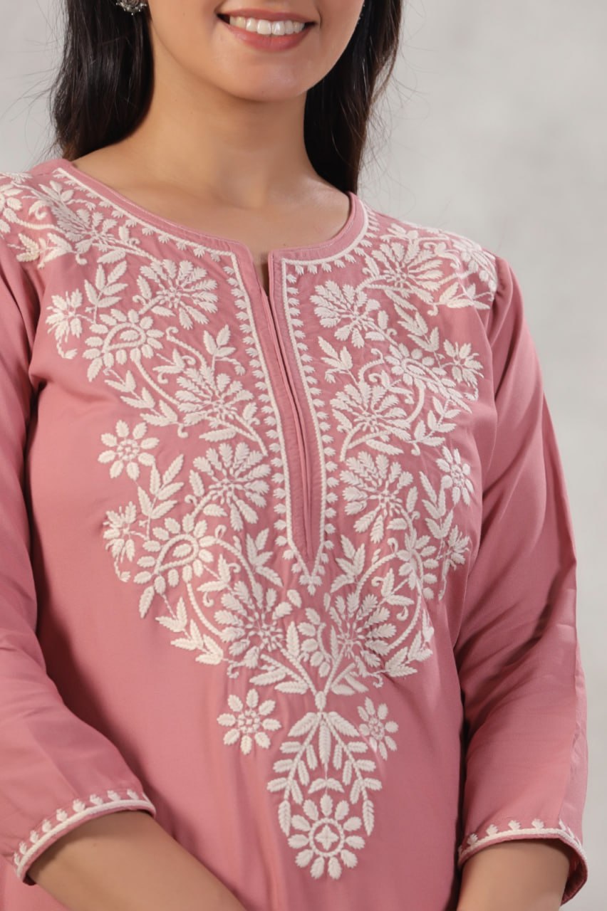 Rayon Chikankari Onion-Pink Long Kurta