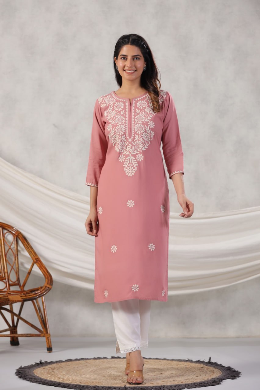 Rayon Chikankari Onion-Pink Long Kurta