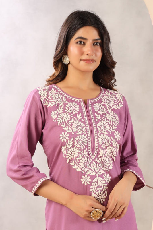 Rayon Chikankari Lavender Long Kurta