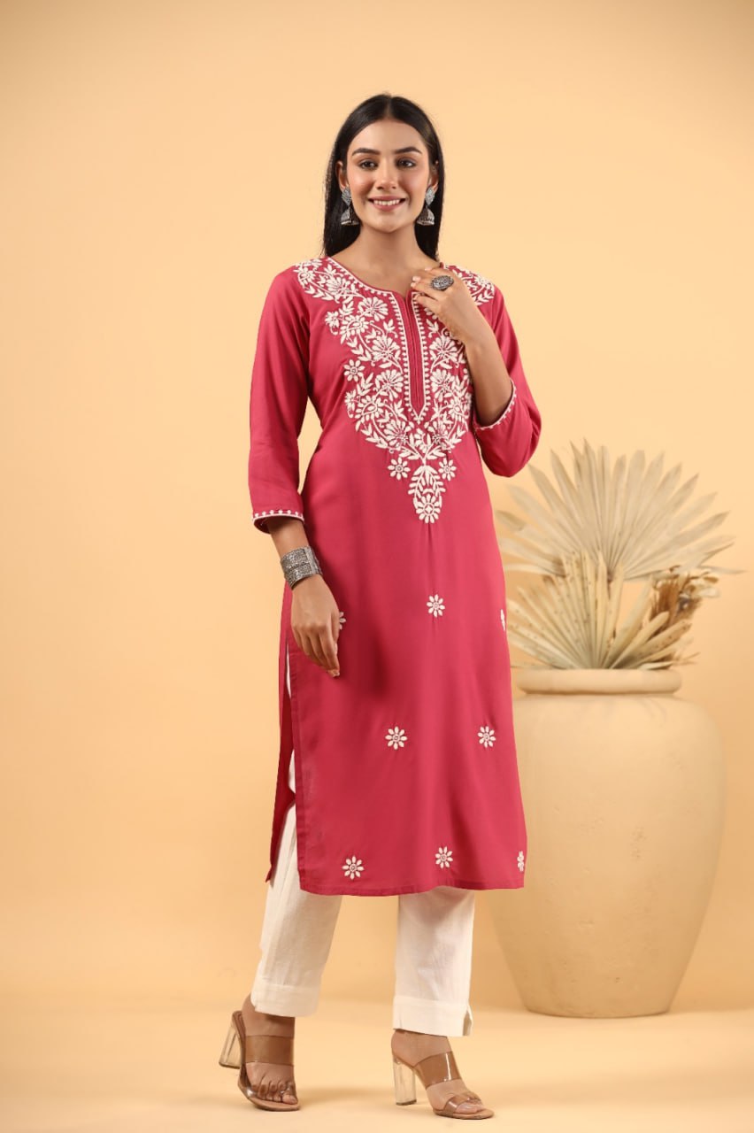 Rayon Chikankari Fuchsia Long Kurta