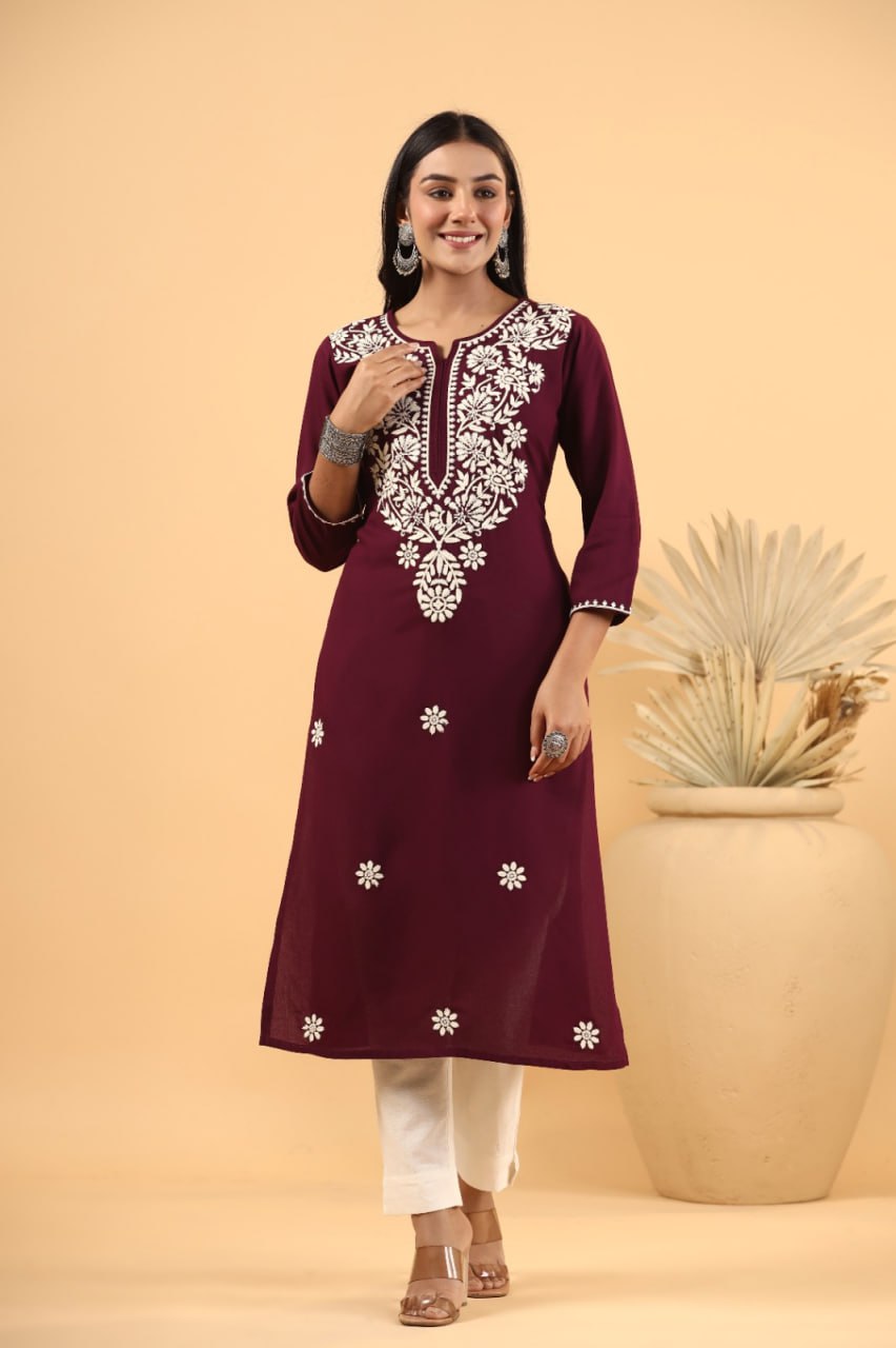 Rayon Chikankari Wine Color Long Kurta