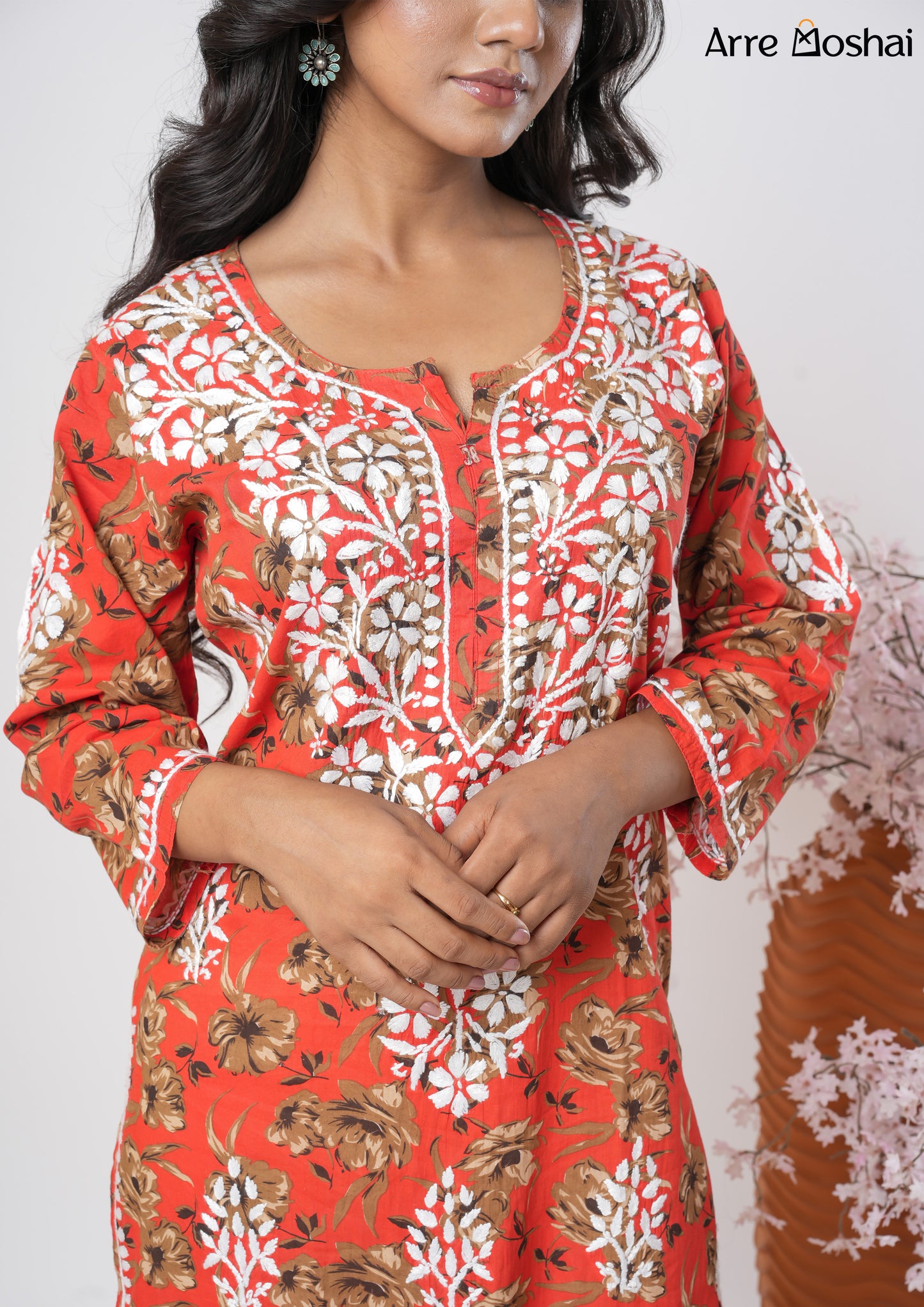 Mul mul Chikankari Printed Red Long Kurta