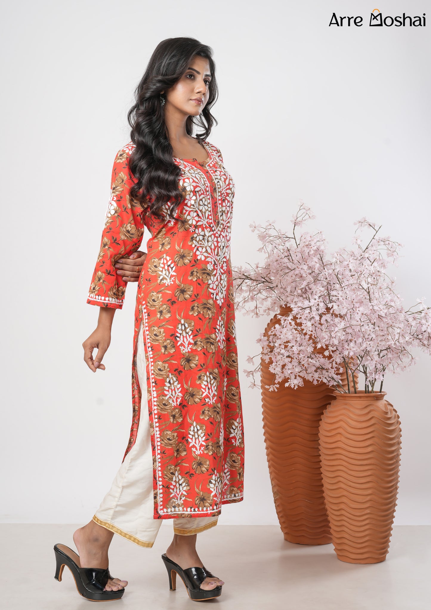 Mul mul Chikankari Printed Red Long Kurta