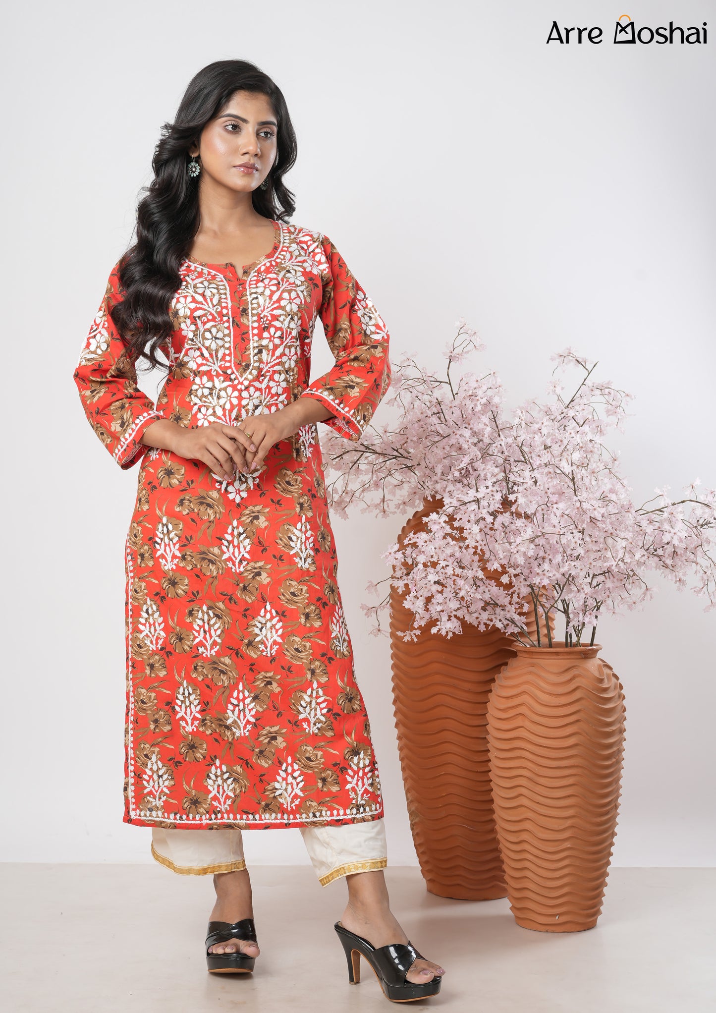 Mul mul Chikankari Printed Red Long Kurta