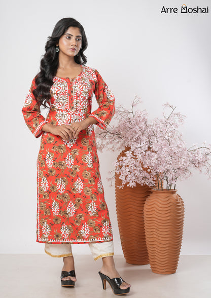 Mul mul Chikankari Printed Red Long Kurta