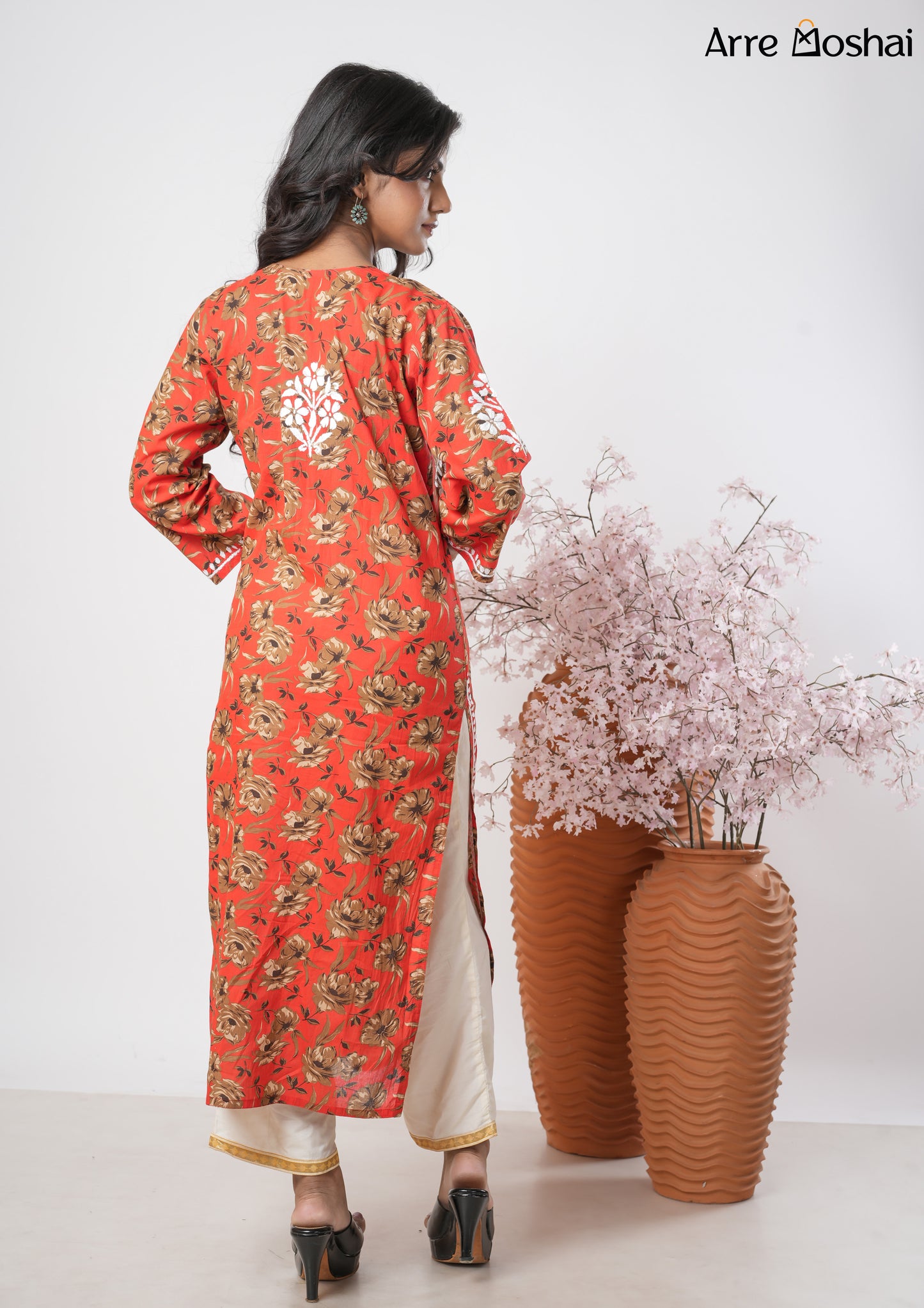 Mul mul Chikankari Printed Red Long Kurta