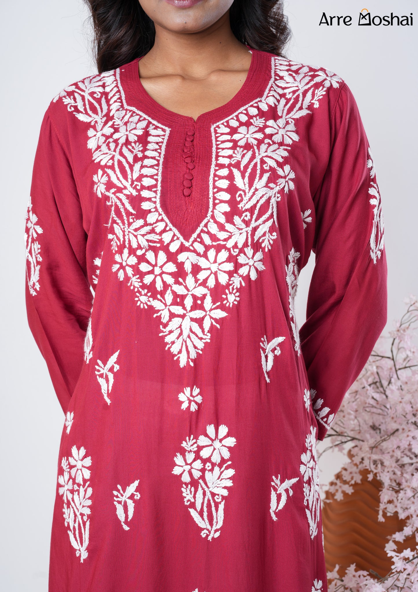 Modal Chikankari Solid Maroon Long Kurta