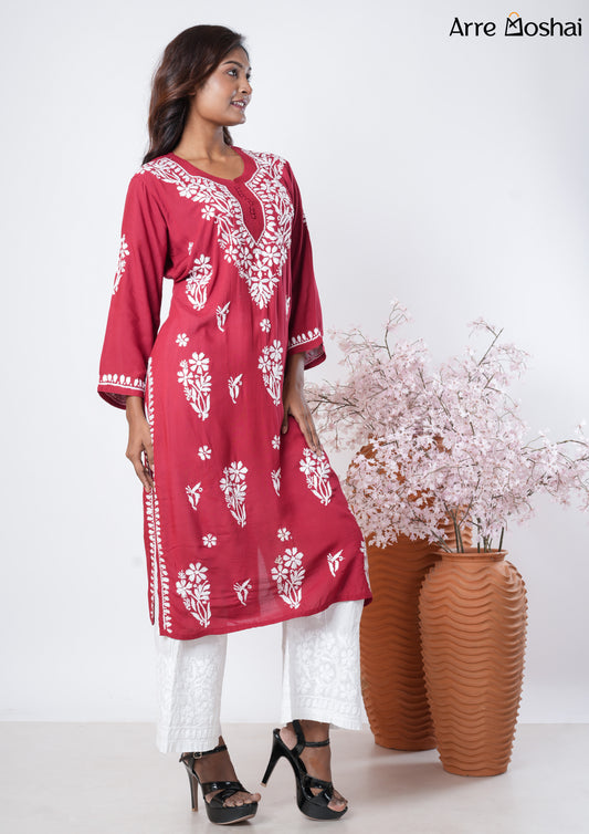 Modal Chikankari Solid Maroon Long Kurta