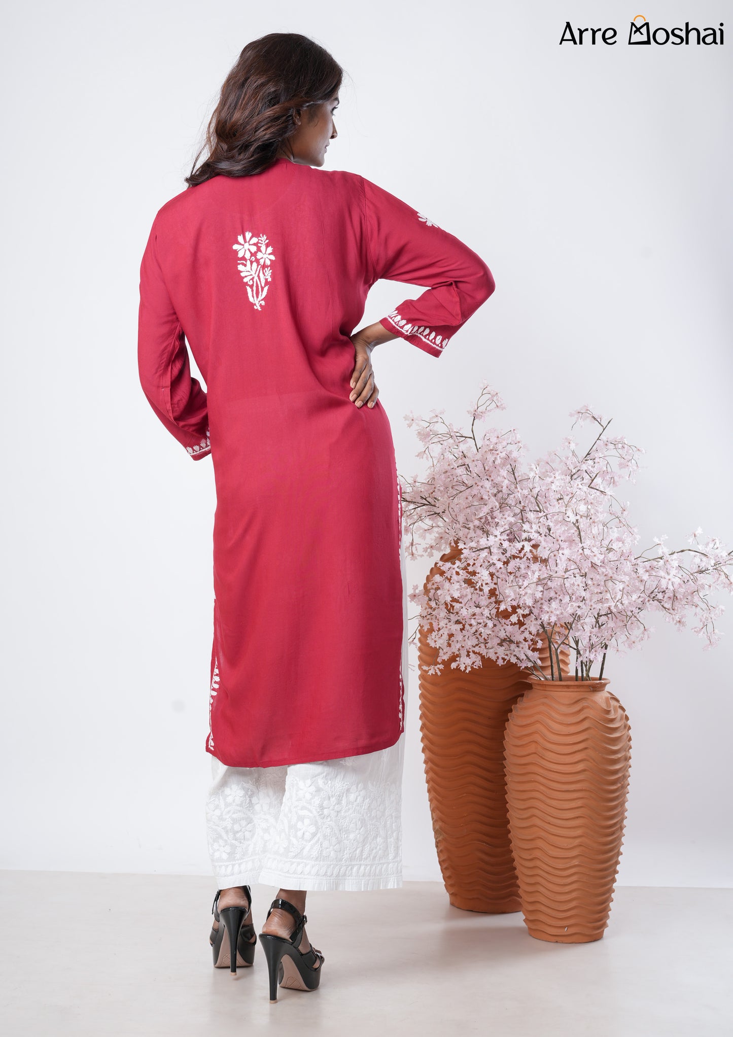 Modal Chikankari Solid Maroon Long Kurta