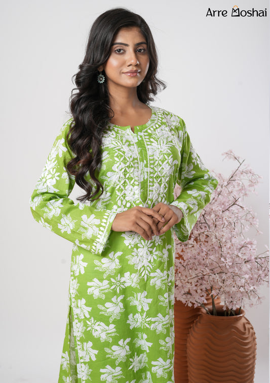 Mul mul Chikankari Printed Green Long Kurta