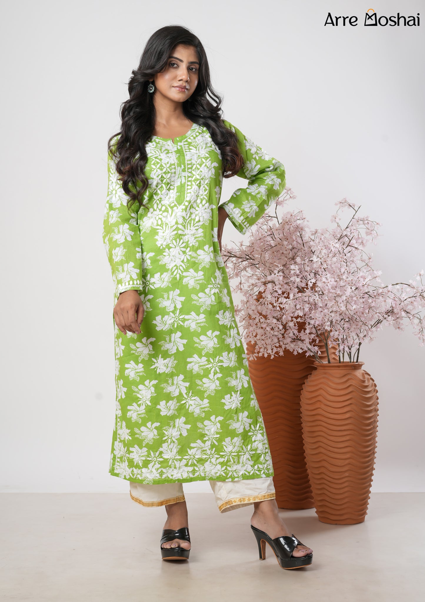 Mul mul Chikankari Printed Green Long Kurta