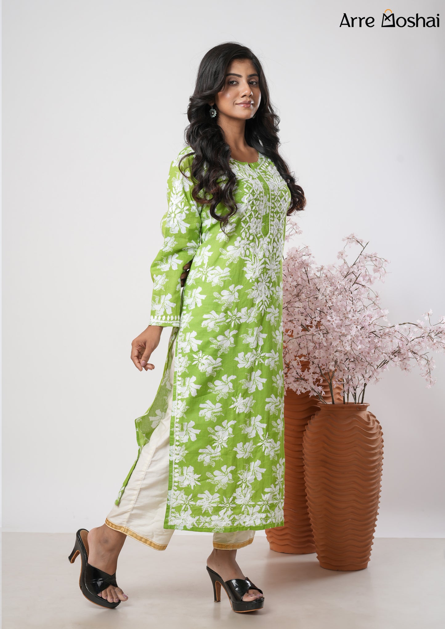 Mul mul Chikankari Printed Green Long Kurta