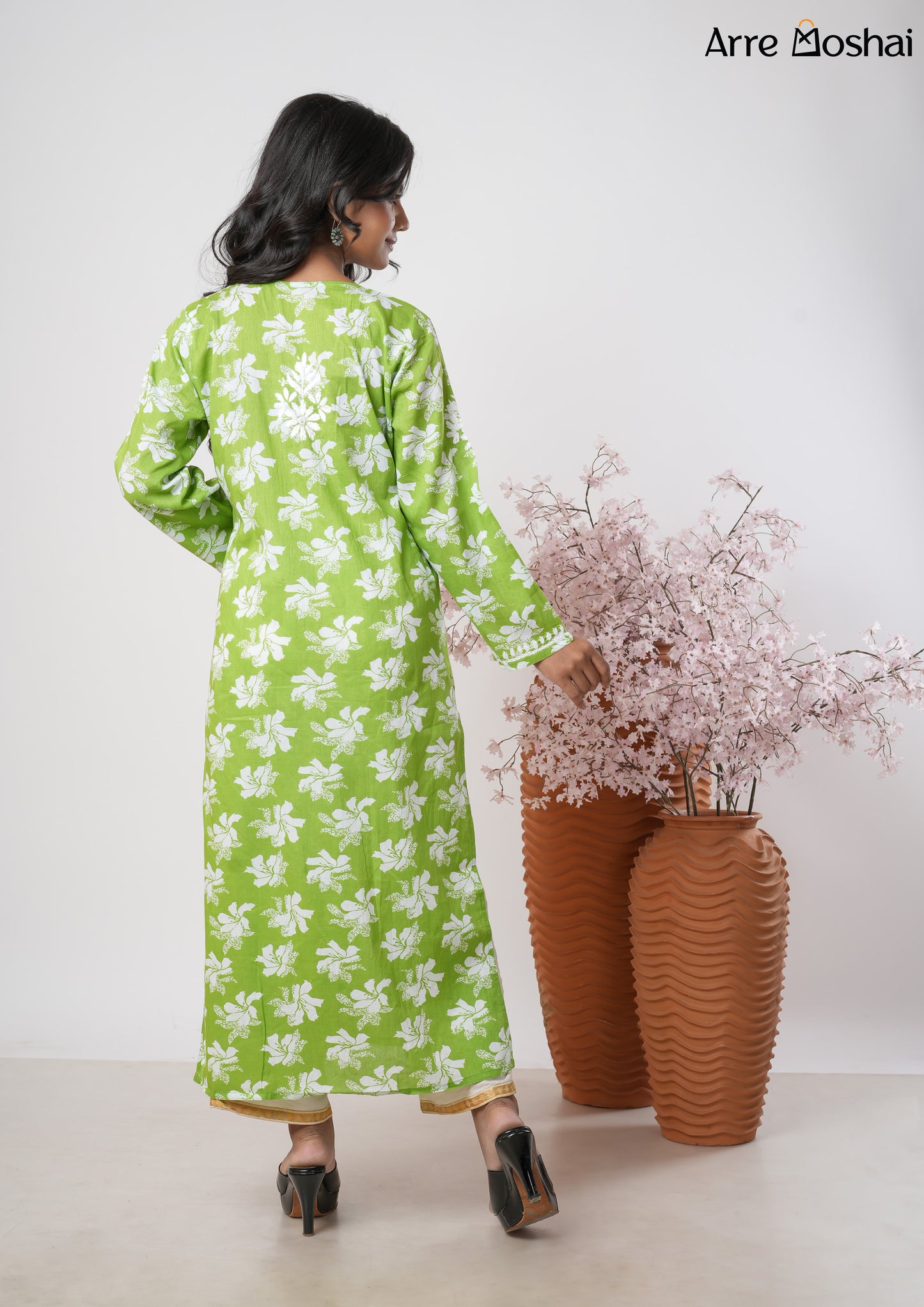 Mul mul Chikankari Printed Green Long Kurta