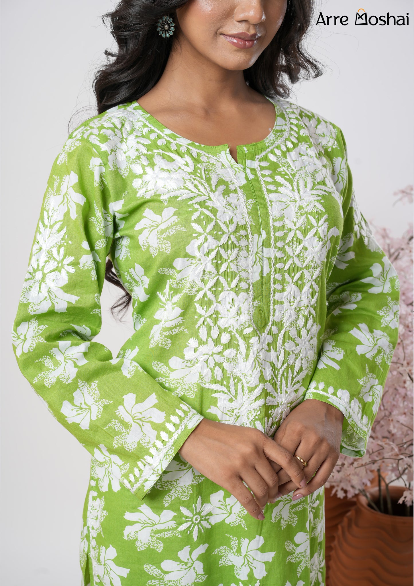 Mul mul Chikankari Printed Green Long Kurta