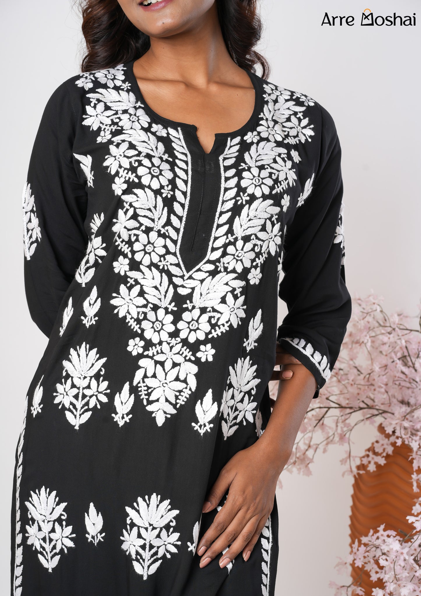 Modal Chikankari Solid Black Long Kurta