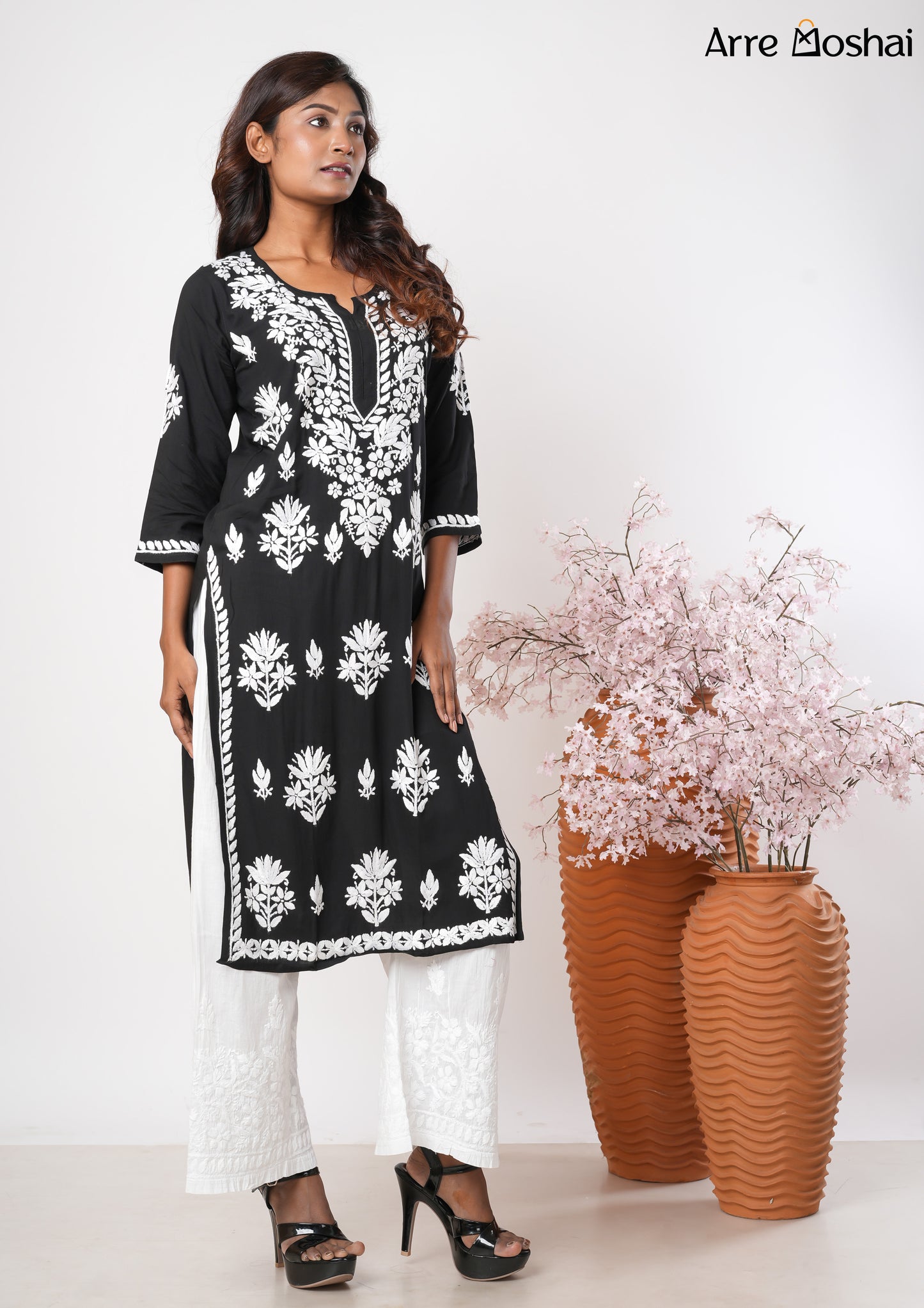 Modal Chikankari Solid Black Long Kurta