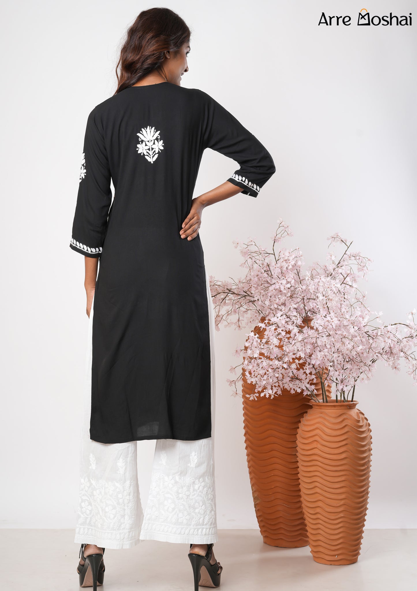 Modal Chikankari Solid Black Long Kurta