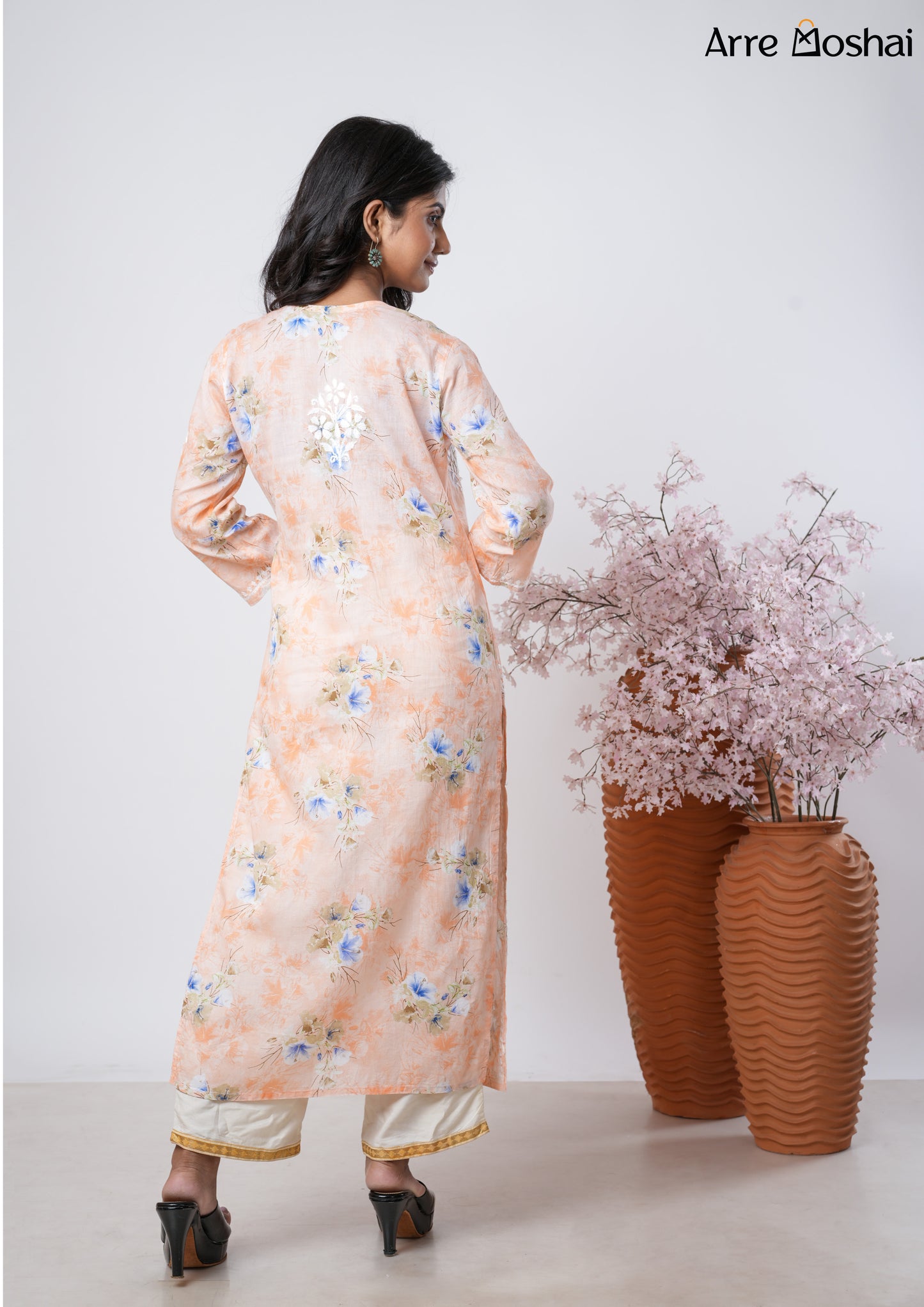 Mul mul Chikankari Printed Peach Long Kurta