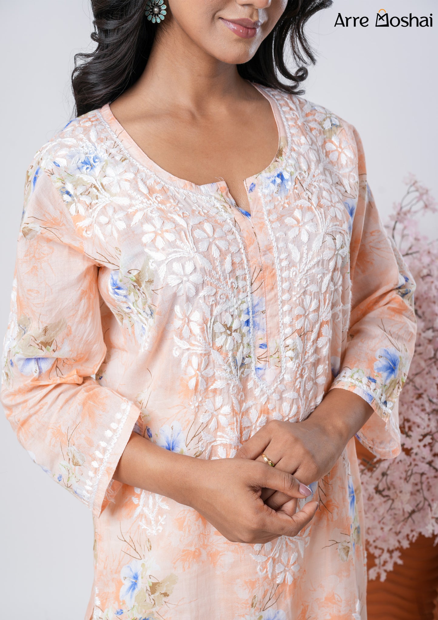 Mul mul Chikankari Printed Peach Long Kurta