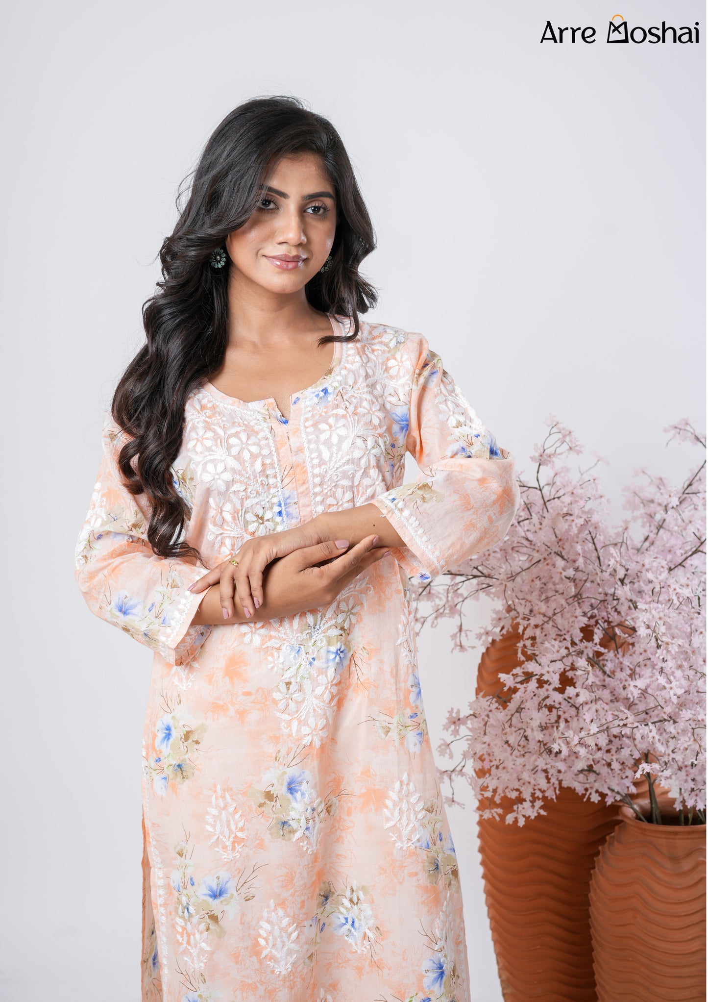 Mul mul Chikankari Printed Peach Long Kurta