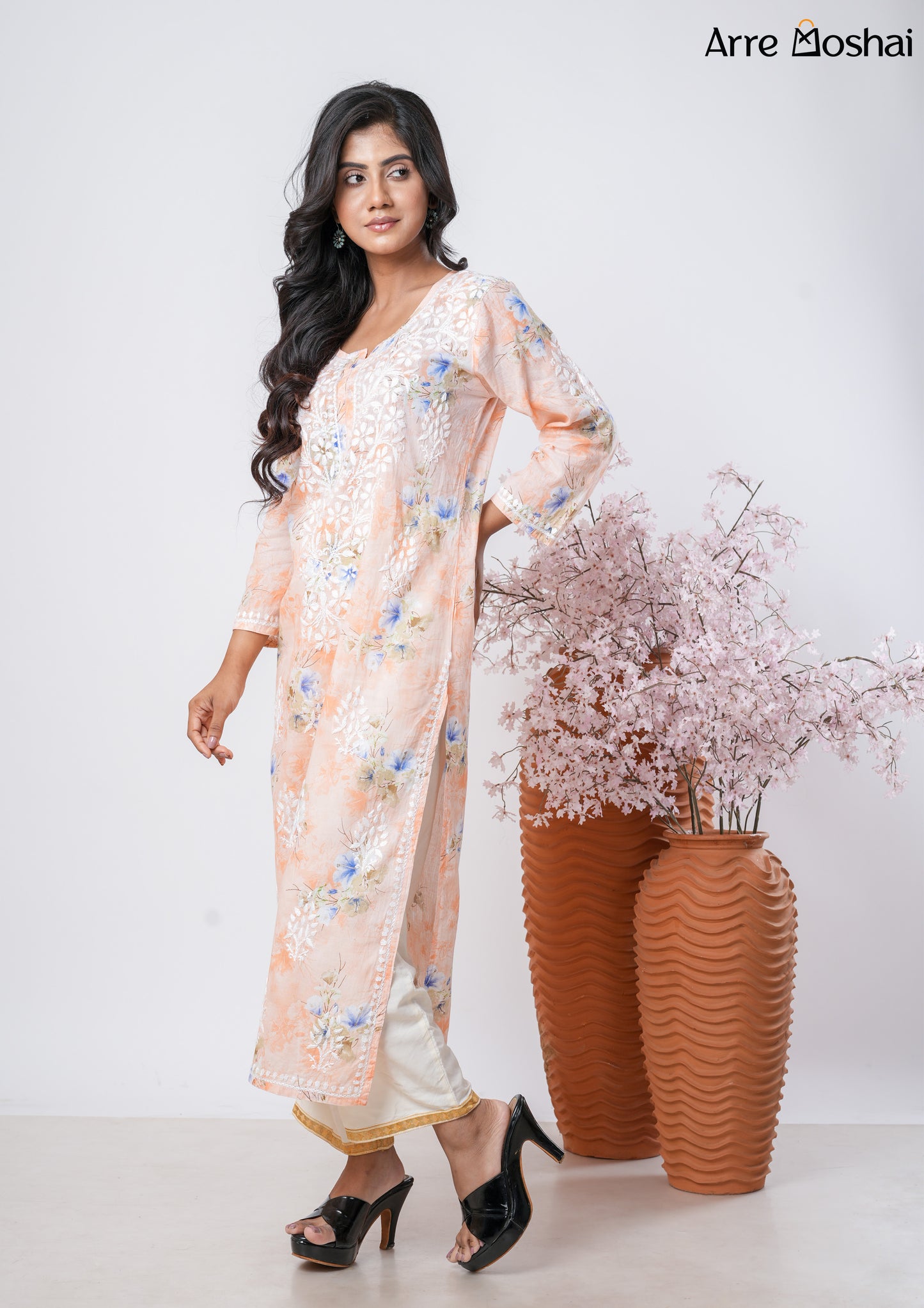 Mul mul Chikankari Printed Peach Long Kurta