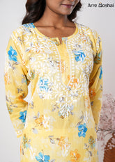 Mul mul Chikankari Printed Lemon-Yellow Long Kurta