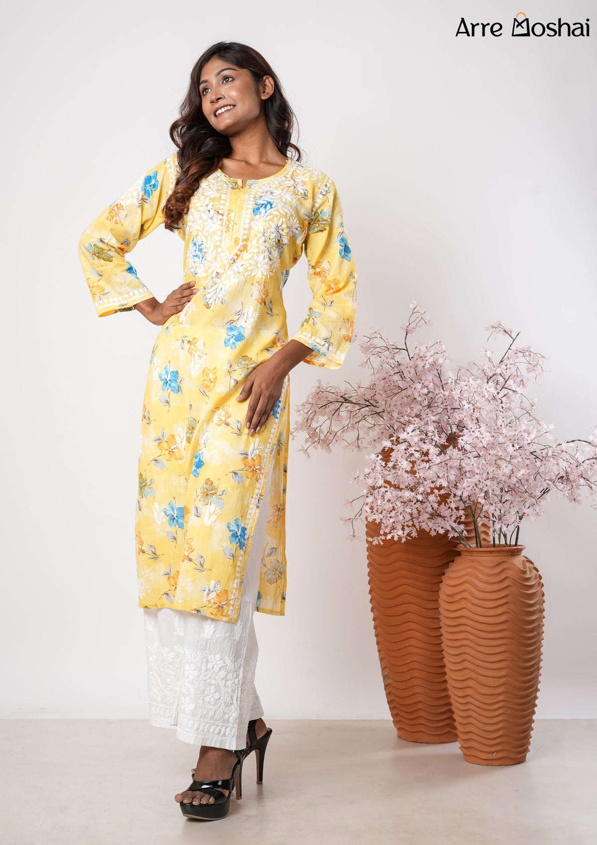 Mul mul Chikankari Printed Lemon-Yellow Long Kurta