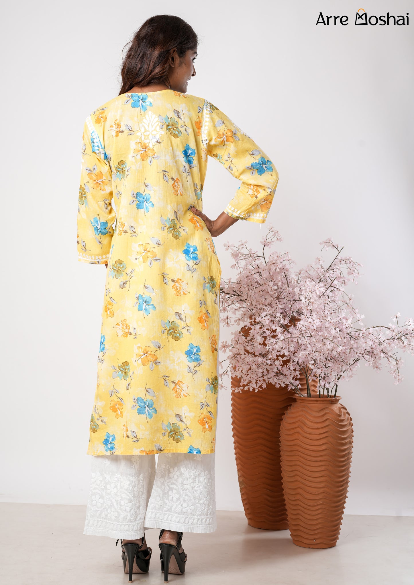 Mul mul Chikankari Printed Lemon-Yellow Long Kurta