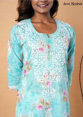 Mul mul Chikankari Printed Sky-Blue Long Kurta