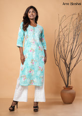 Mul mul Chikankari Printed Sky-Blue Long Kurta