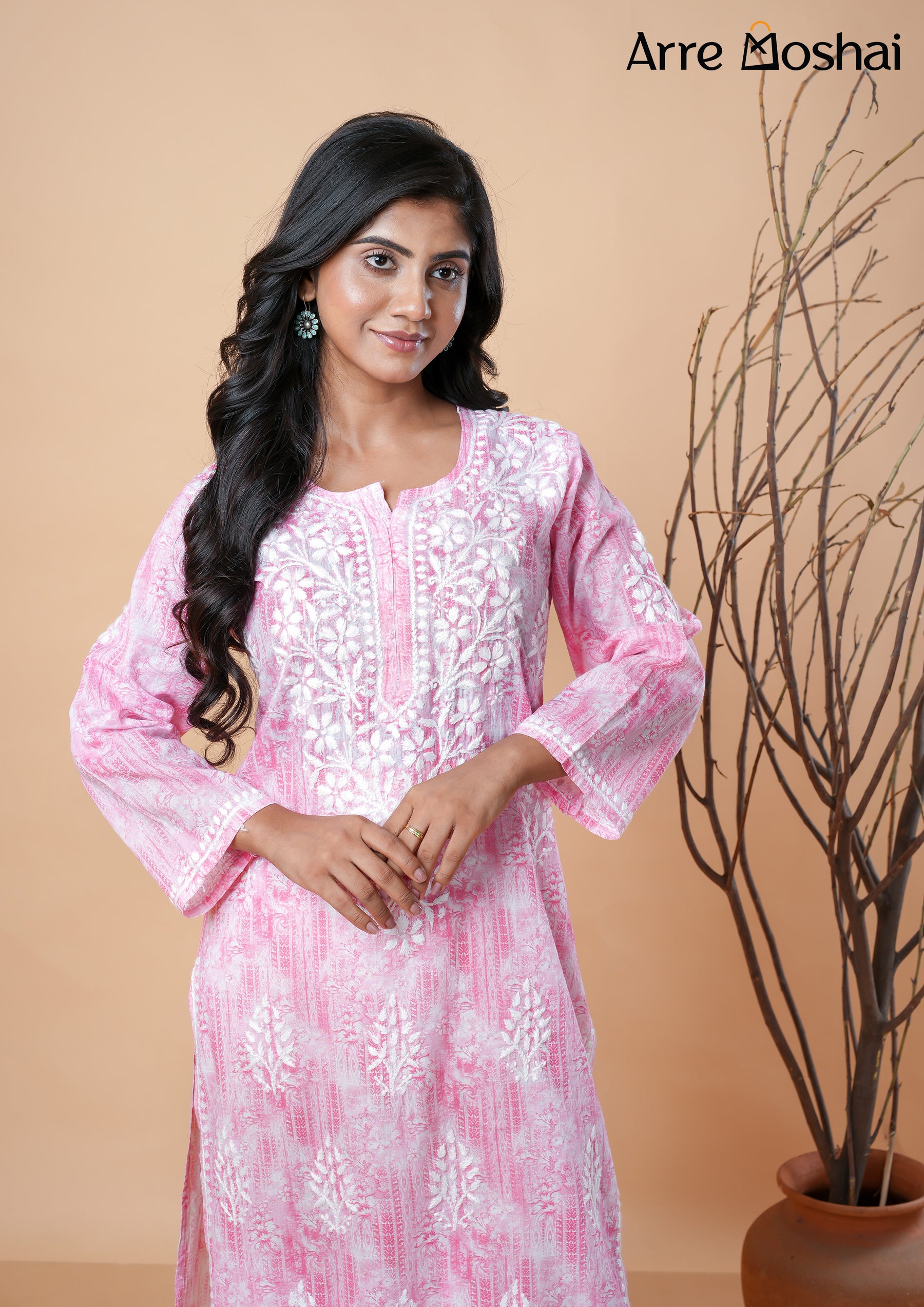 Mul mul Chikankari Printed Pink Long Kurta