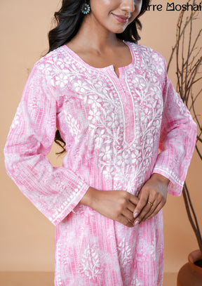 Mul mul Chikankari Printed Pink Long Kurta