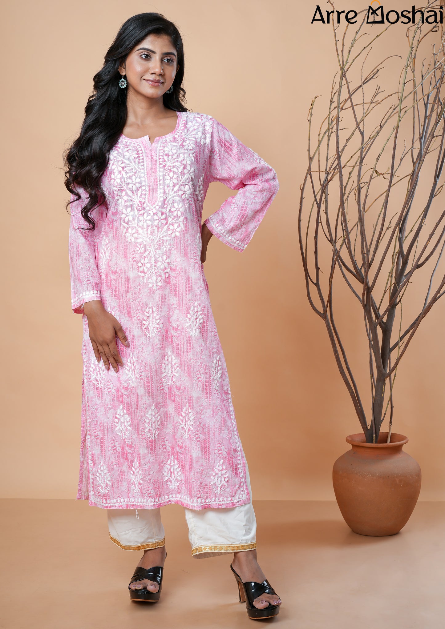 Mul mul Chikankari Printed Pink Long Kurta