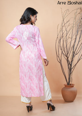 Mul mul Chikankari Printed Pink Long Kurta