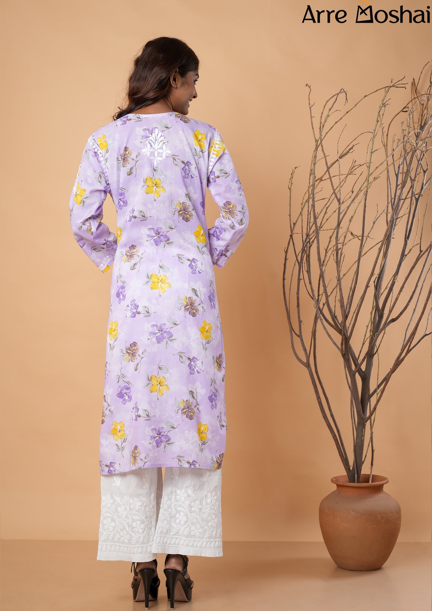 Mul mul Chikankari Printed Purple Long Kurta