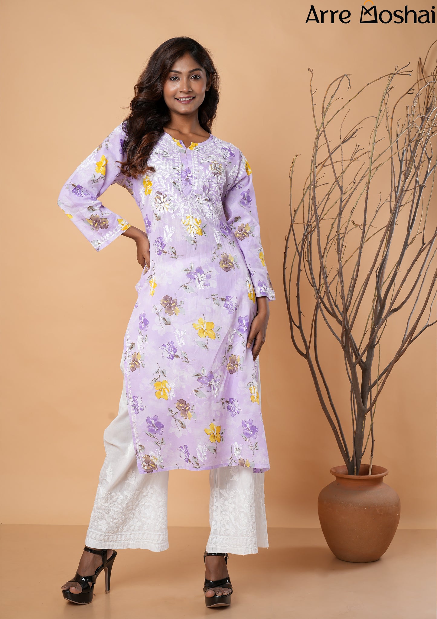 Mul mul Chikankari Printed Purple Long Kurta