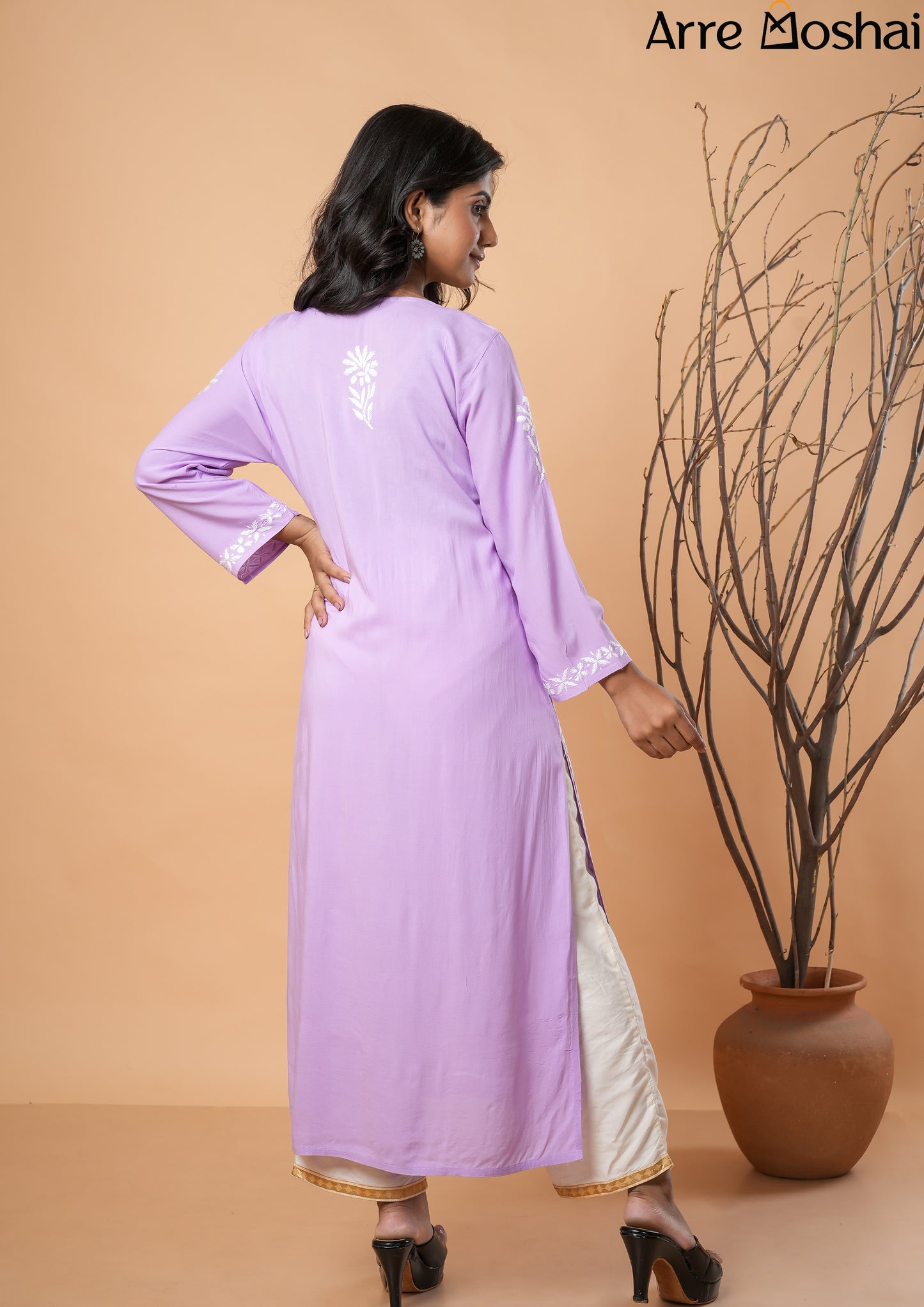 Modal Cotton Chikankari Printed Lavender Long Kurta