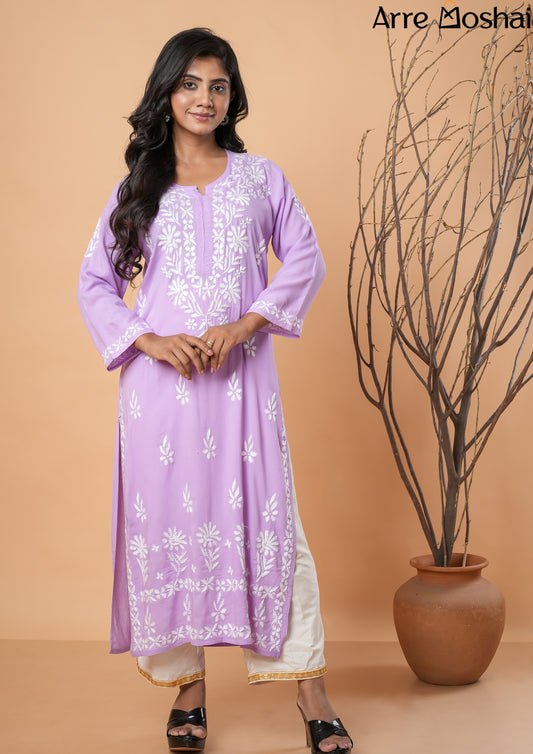 Modal Cotton Chikankari Printed Lavender Long Kurta