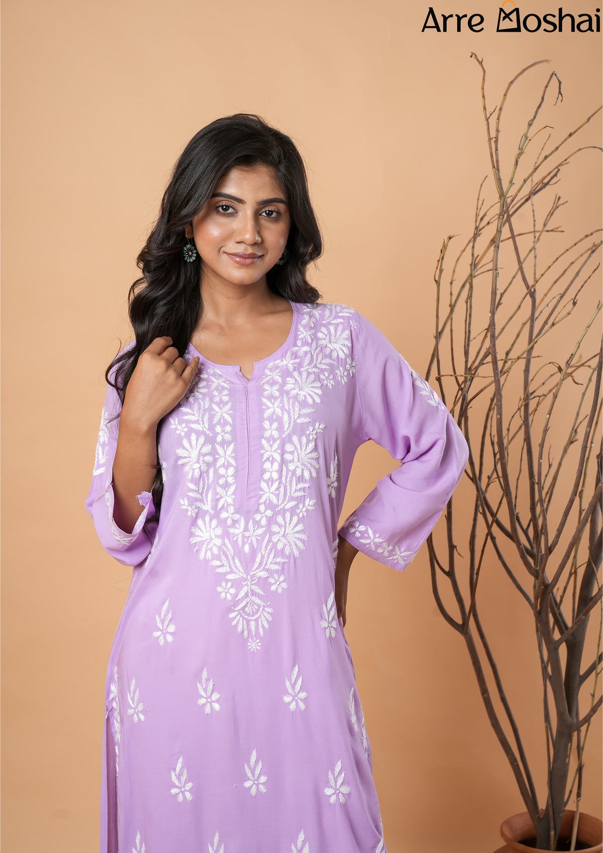 Modal Cotton Chikankari Printed Lavender Long Kurta