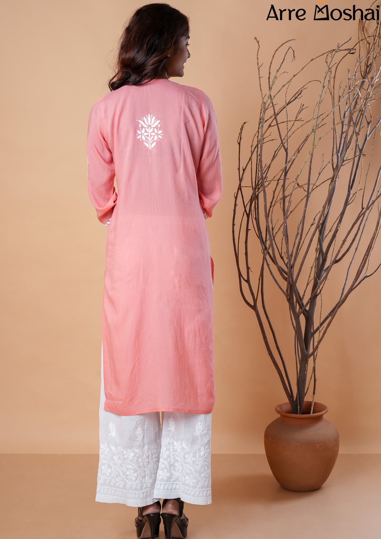 Modal Cotton Chikankari Printed Pink Long Kurta