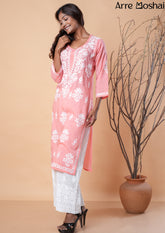 Modal Cotton Chikankari Printed Pink Long Kurta